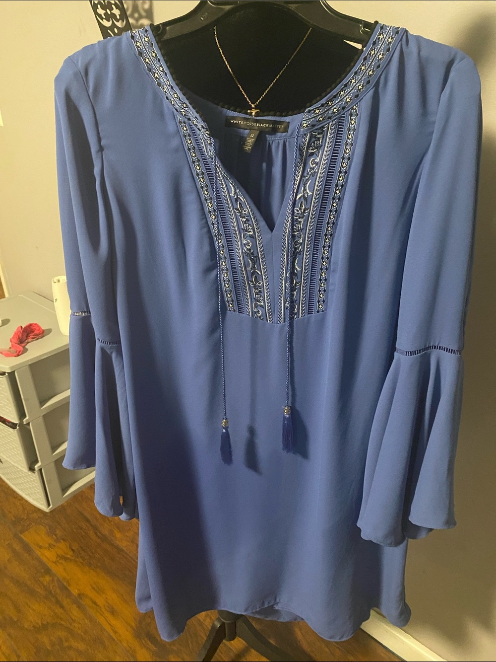 White House Black Market Periwinkle Blue Embroidered V-Neck Tunic